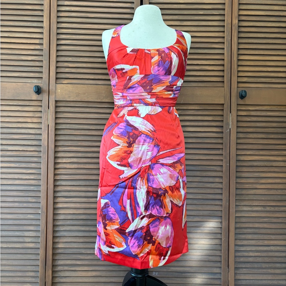 David Meister Silk Red and Purple Floral Midi Dress